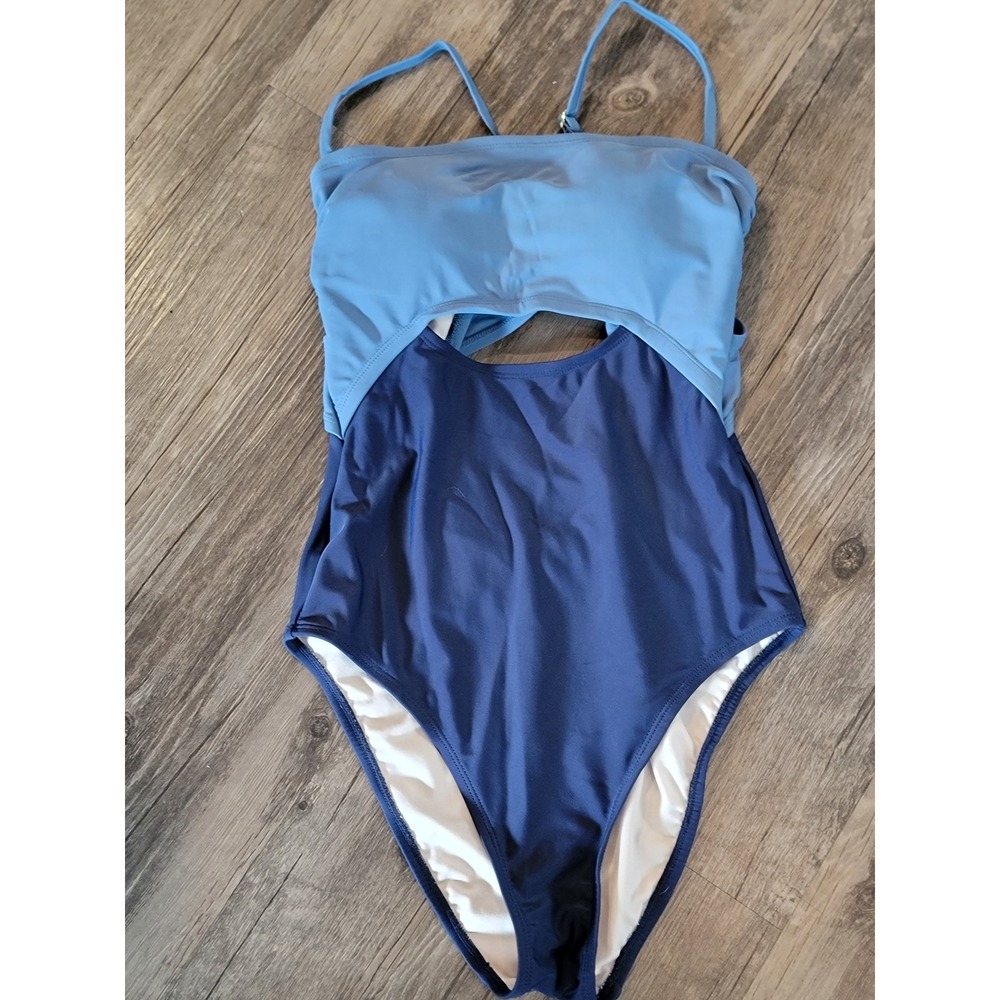 Blue Colorblock Cutout One Piece Swimsuit Criss Cross Back Monokini Womens